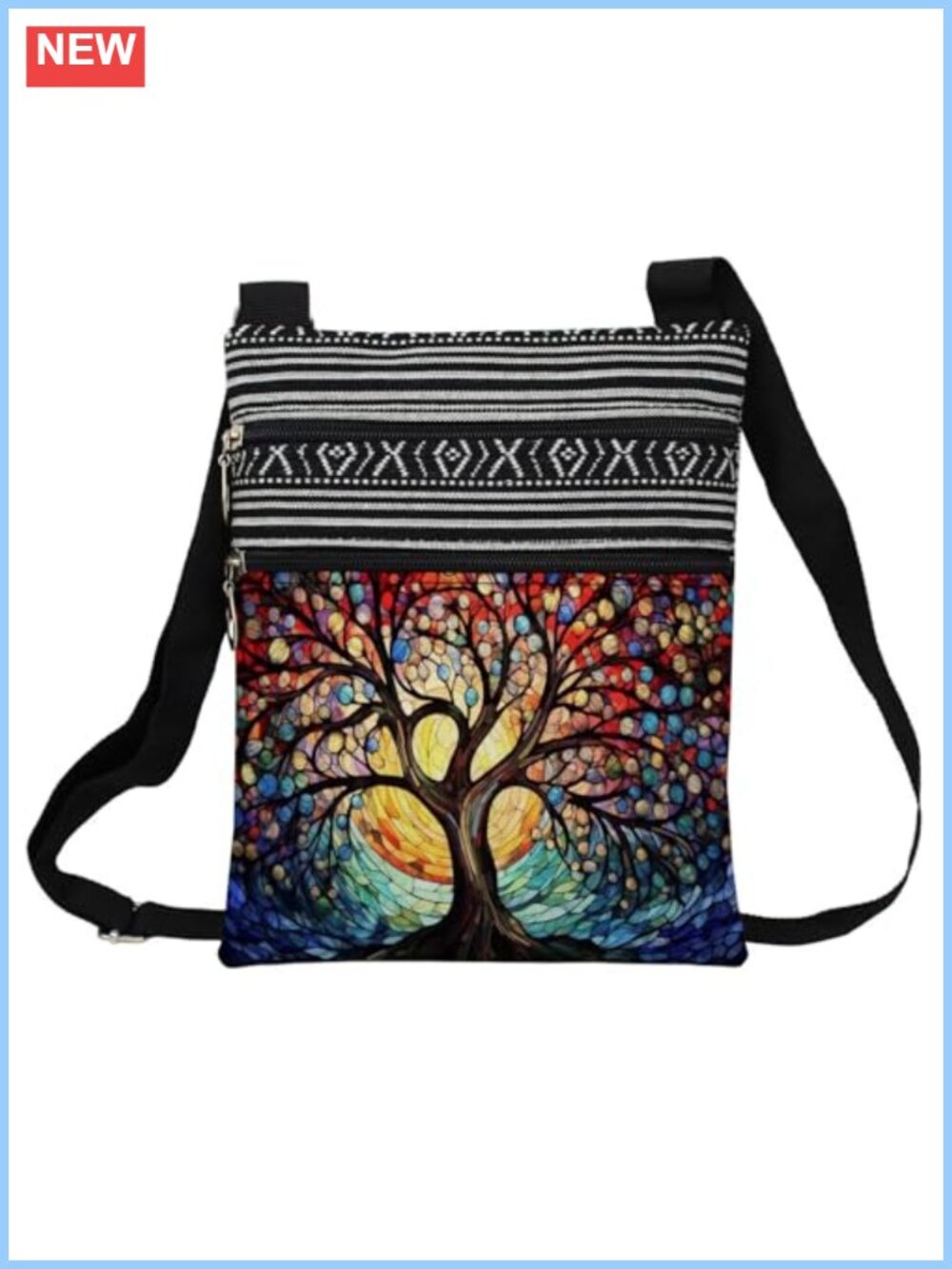 World Tree Crossbody Bag Polyester Zipper Sling Purse Adjustable Strap